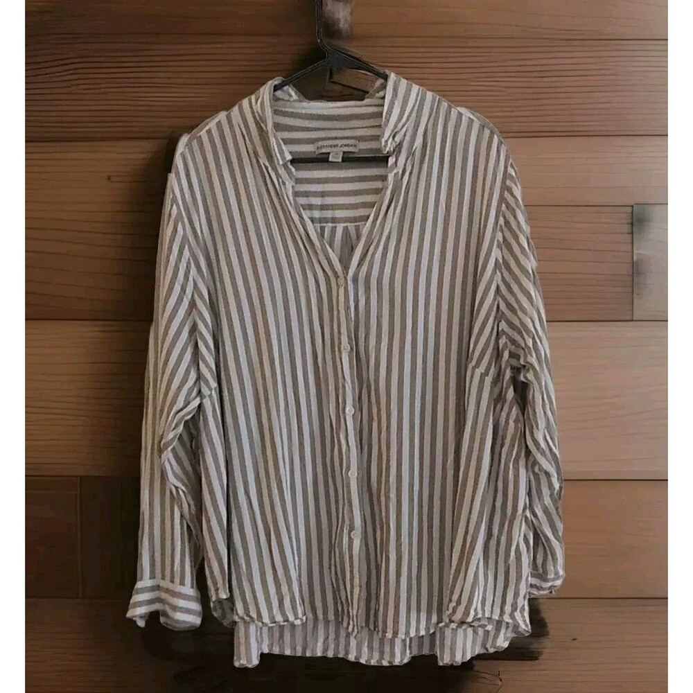 Alexander Jordan Women's Khaki Striped Button Up Long Sleeve Hi Low Blouse 3x